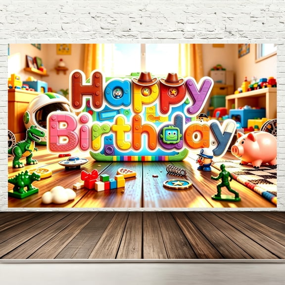 Happy Birthday Backdrop Banner, 71 x 43 Inch Polyester Toy Themed Playroom Birthday Party Decorations, Cowboy Astronaut Dinosaur Kids Toys Photography Background for Indoor Outdoor Party Supplies