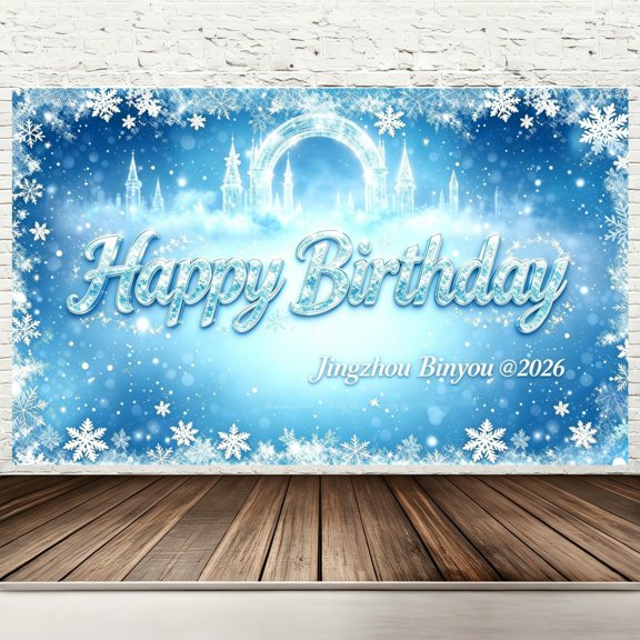 Happy Birthday Backdrop Banner, 71 x 43 Inch Polyester Winter Wonderland Ice Princess Birthday Party Decorations, Magical Snow Castle Photography Background for Girls Indoor Outdoor Party Supplies
