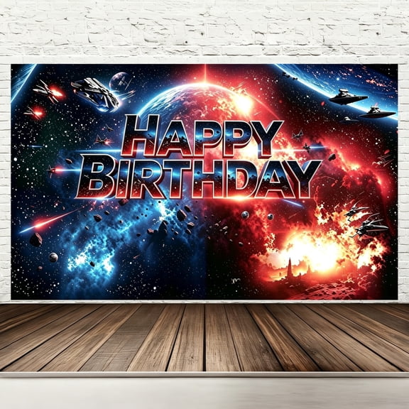 Happy Birthday Backdrop Banner, 71 x 43 Inch Space Battle Galaxy War Birthday Party Decorations, Sci-Fi Starfighter Spaceship Interstellar Photography Background for Kids Outdoor Party Supplies