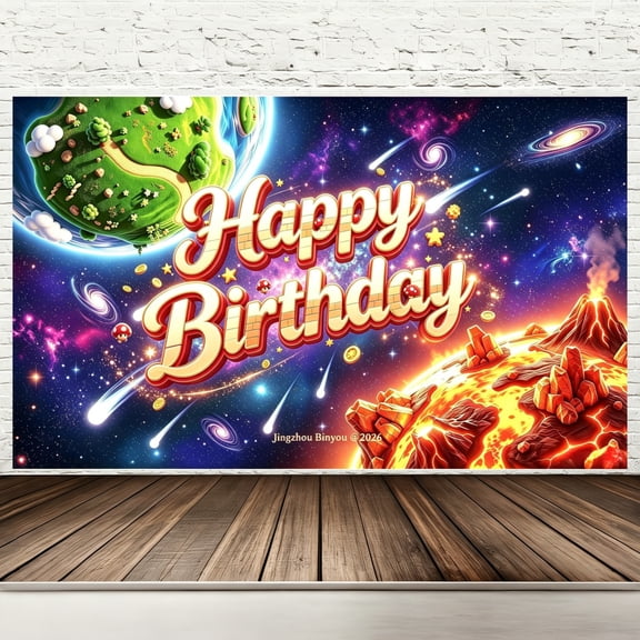 Happy Birthday Backdrop Banner, 71 x 43 Inch Video Game Gold Coins Mushroom Birthday Party Decorations, Pixel Galaxy Space Adventure Photography Background for Kids Indoor Outdoor Party Supplies