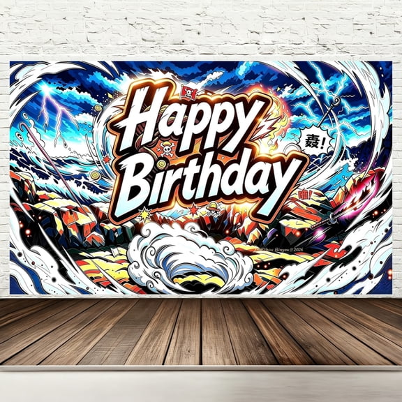 Happy Birthday Backdrop Banner, 71 x 43in Pirate Anime Manga Battle Birthday Party Decorations, Comic Style Super Power Nautical Adventure Photography Background for Kids Outdoor Party Supplies