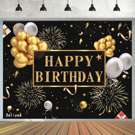 Happy Birthday Backdrop Banner, Birthday Party Decor,Black Gold Poster Photo Booth Backdrop Background Banner for Men Women 30th 40th 50th 60th 70th 80th Bday Party Supplies