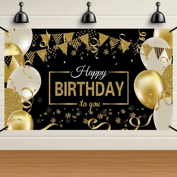 Happy Birthday Backdrop Banner Extra Large Black And Gold Sign Poster For Men Women Birthday Anniversary Party Decoration Supplies