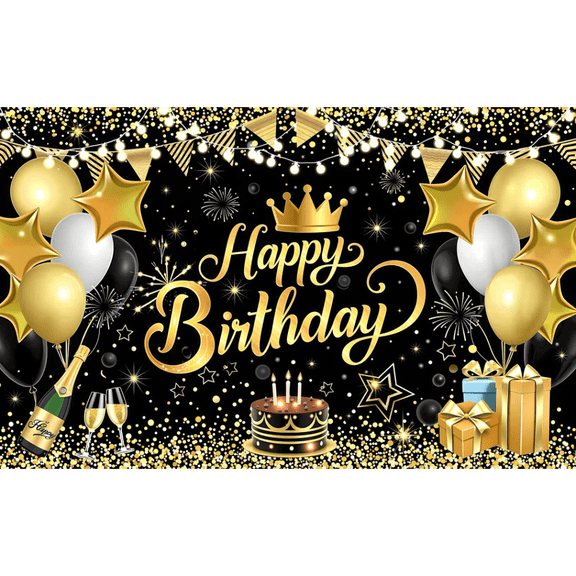 Happy Birthday Backdrop Banner Sign Poster Large Fabric Glitter Balloon Fireworks Sign Birthday Photo Backdrop Background for Birthday Party Decoration Supplies