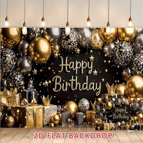 Happy Birthday Backdrop Black and Gold, Perfect for Adult Birthday Anniversary Celebrations, Indoor Outdoor Party Photo Booth Decorations, Premium 2D Flat Party Background Banner