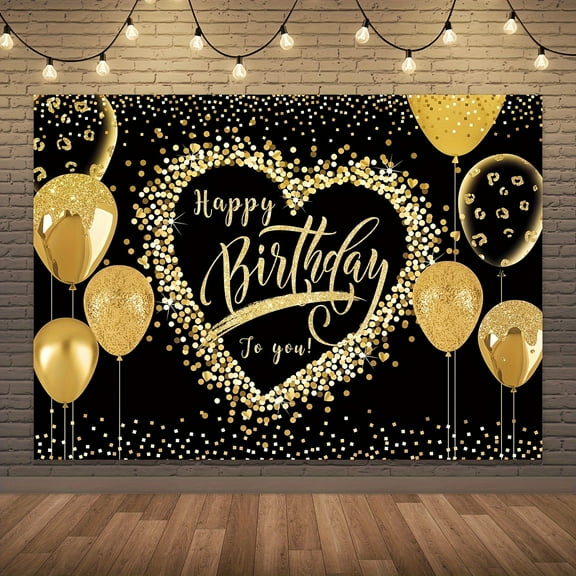 Happy Birthday Backdrop Black Golden (Not Glitter) Dots Heart  Adult Women Girl Bday Party Photography Backgrounds Supplies Photo Shoot Decor Props Decor Party Decor Supplies