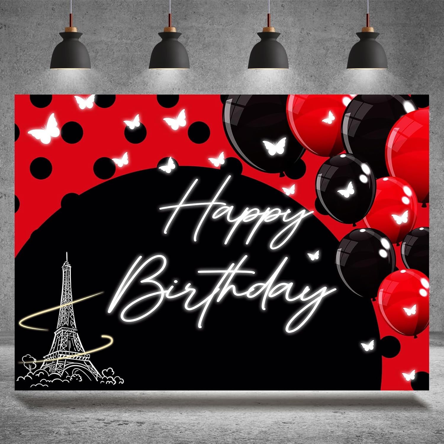 Happy Birthday Backdrop Black Red Ladybug Theme Balloon Paris Eiffel ...