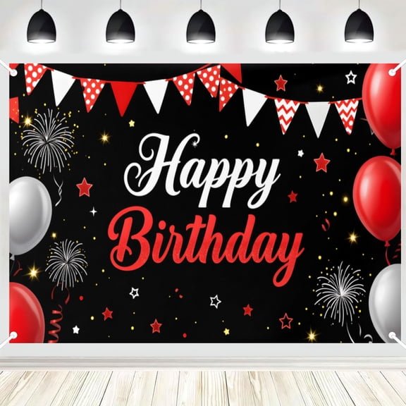 Happy Birthday Backdrop, Black Red Silver Balloon with Fireworks Photo Background Banner for Birthday Party, Photography Booth Decorations 16x24in