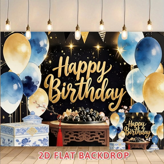 Happy Birthday Backdrop Blue Gold Balloon Design Suitable For Adult Birthday Party Indoor Outdoor Birthday Gathering Photography Background Wall Decorations Photo Booth Prop