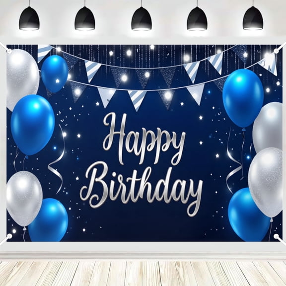 Happy Birthday Backdrop, Blue Silver Balloon with Lights Banner for Birthday Party, Photo Booth Background Decor 3x5ft