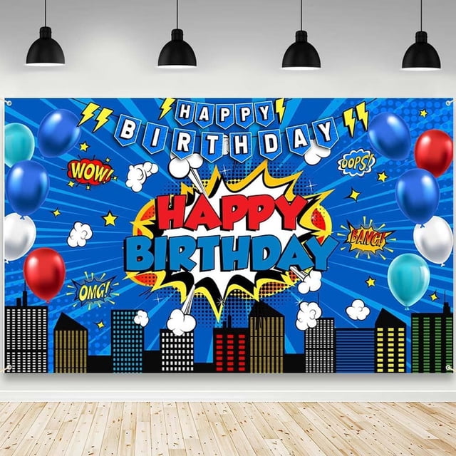 Happy Birthday Backdrop Blue Superhero Birthday Photography Background ...