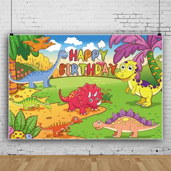 Happy Birthday Backdrop Cartoon Dinosaur Prairie Photography Background Watercolor Animals Plants Photography Background Baby Baptism Birthday Party Banner