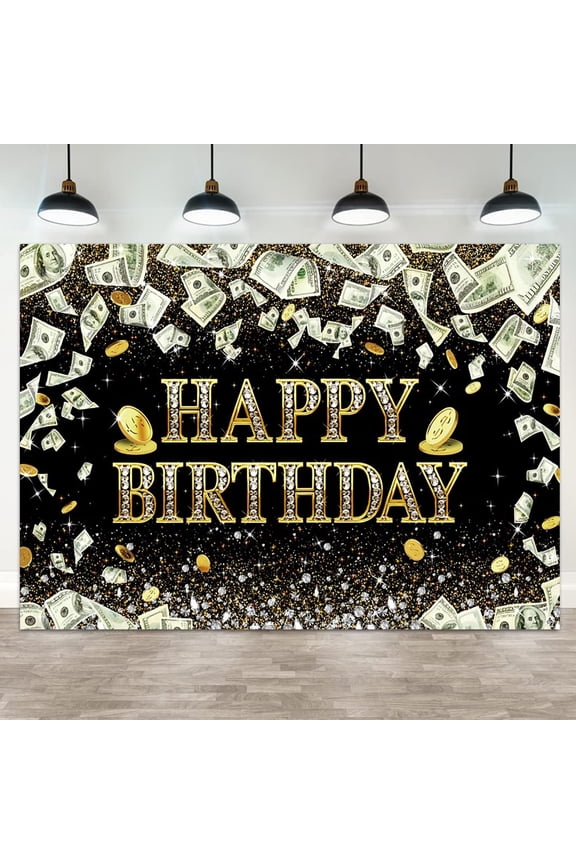 Happy Birthday Backdrop Dollar Bill Theme Photography Background Money Glitter Diamond Gold Coins Girls Boys Birthdays Party Banner Decorations Men Women Photo Booth Prop