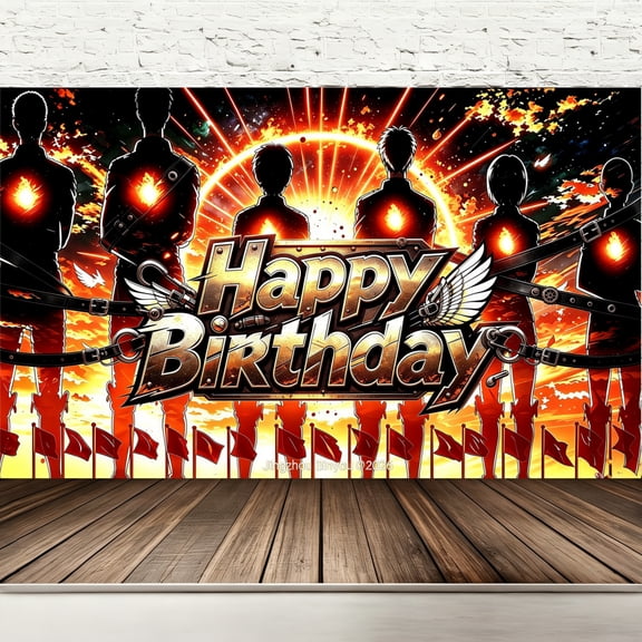 Happy Birthday Backdrop Giant Warrior Wall Red Black Flame Anime Theme, 71x43 Inch Polyester Photo Booth Banner with Grommets & Hanging Rope, Hemmed Edges Kids Boys Youth Birthday Party Decorations