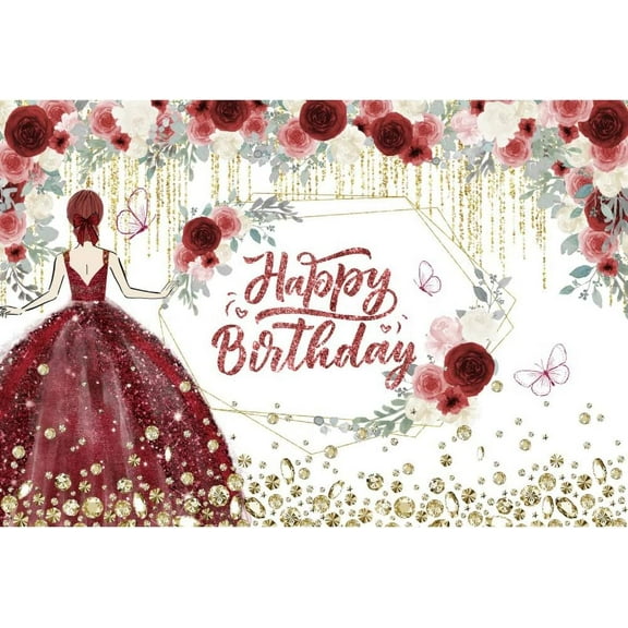 Happy Birthday Backdrop for Girl Quinceanera Burgundy Red Flowers Gold Diamonds Background Princess Birthday Party Decoration Supplies Cake Table Banner Portrait Photo Shoot Props