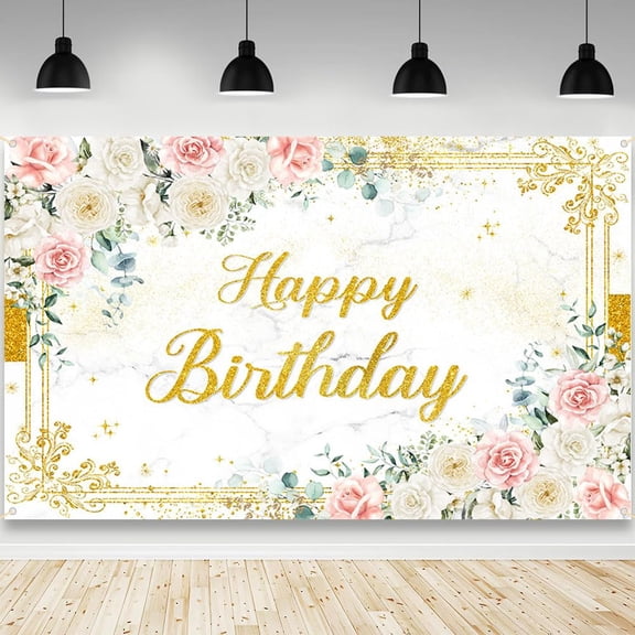 Happy Birthday Backdrop for Girl Women Pink and White Flower Birthday Photography Background Golden Glitter Frame White White Marble Birthday Party Decorations Banner Photo Booth Props
