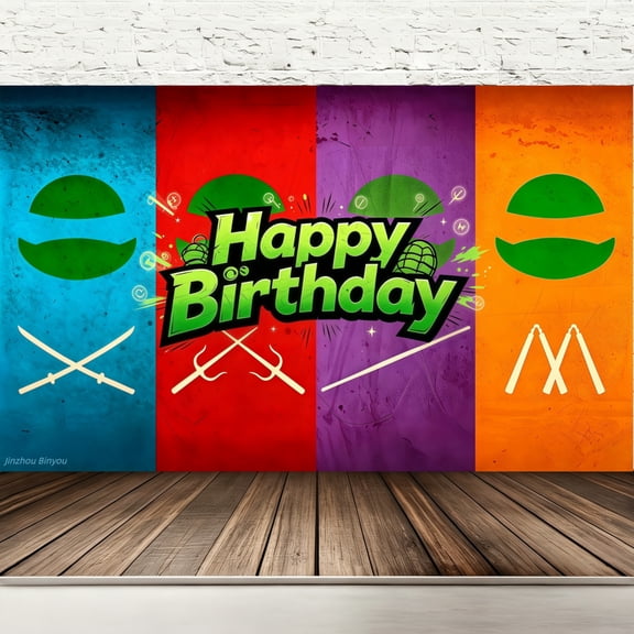 Happy Birthday Backdrop Green Ninja Turtle Mask Four Color Weapons Theme, 71x43 Inch Polyester Photo Booth Banner with Grommets & Hanging Rope, Hemmed Edges Kids Boys Birthday Party Decorations