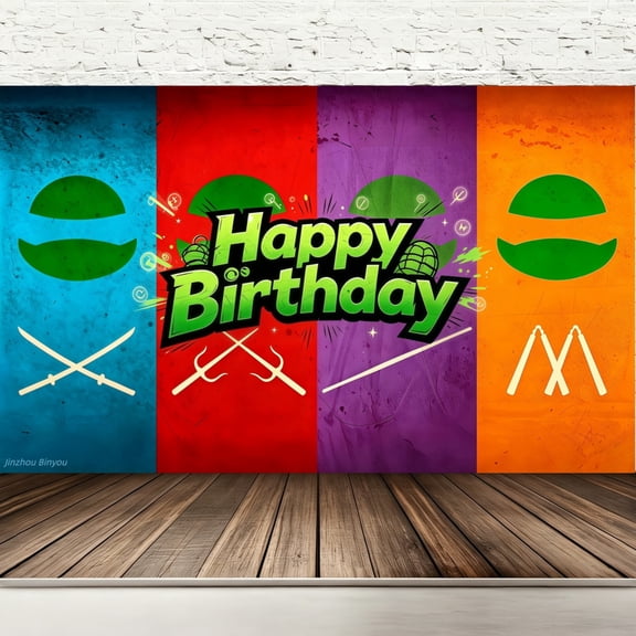 Happy Birthday Backdrop Green Ninja Turtle Mask Four Color Weapons Theme, 71x43 Inch Polyester Photo Booth Banner with Grommets & Hanging Rope, Hemmed Edges Kids Boys Birthday Party Decorations