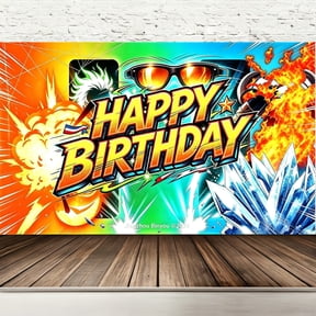 Happy Birthday Backdrop Hero Academy Comic Fire Ice Theme, 71x43 Inch Polyester Photo Booth Banner with Grommets & Hanging Rope, Hemmed Edges Kids Boys Youth Birthday Party Decorations