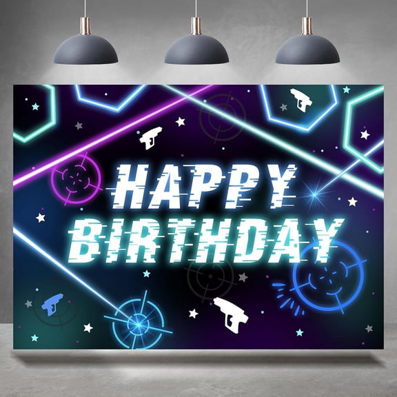 Happy Birthday Backdrop Laser Tag Battle Guns Birthday Glow Game Night Photography Background for Boys Kids Newborn Birthday Party Decoration Supplies Banner Photo Booth Studio Props