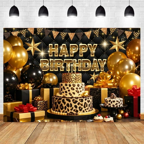 Happy Birthday Backdrop for Leopard Happy Birthday Party Decorations Glitter Black Gold Happy Birthday Background for Photography Black Golden Leopard Cake Birthday Decor Banner
