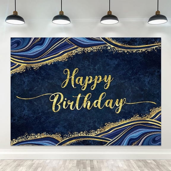 Happy Birthday Backdrop for Men Navy Blue Abstract Fluid Marble Golden Cracks Modern Boy Party Photography Background Modern Table Decor Banner Studio Photo Shoot