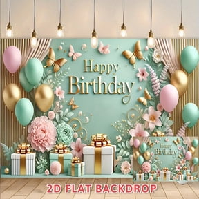 Happy Birthday Backdrop Mint Green Floral Balloon Design, Perfect for Adult Birthday Party, Anniversary Celebration, Photography Booth, Party Decoration Banner