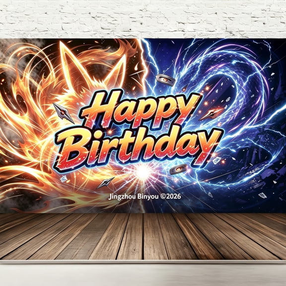 Happy Birthday Backdrop Orange Nine-Tails Fox Blue Snake Energy Anime Theme, 71x43 Inch Polyester Photo Booth Banner with Grommets & Hanging Rope, Hemmed Edges Kids Boys Birthday Party Decorations