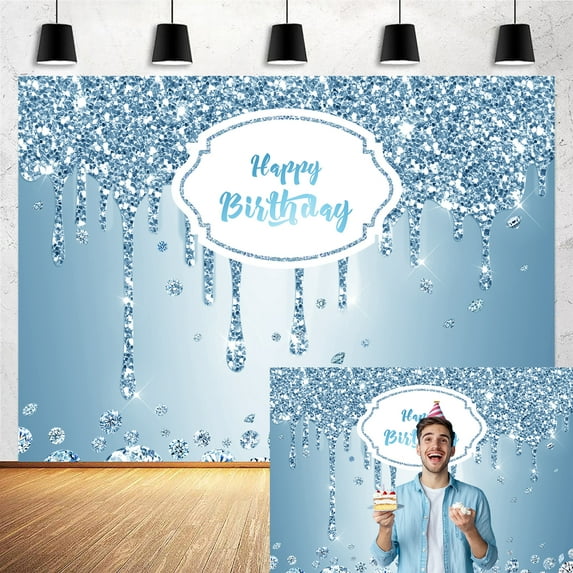 Happy Birthday Backdrop Photograph Dripping Glitter Crystal Diamond Blue Photo Background Girls Women Men Boys Bday Party Decorations Cake Table Banner Wall Decor Props 7X5FT