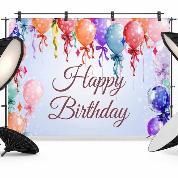 Happy Birthday Backdrop for Photography,Fabric Photo Background Backdrop,Colorful Balloons Bow Gradient Modern Purple Photo Booth Background for Portrait Photoshoot Video Wedding Studio Banner 7x5ft