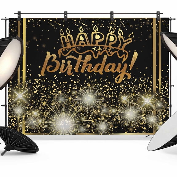 Happy Birthday Backdrop for Photography,Fabric Photo Background Backdrop,Luxurious Black Golden Cake Fireworks Photo Booth Background for Portrait Photoshoot Video Wedding Decoration Banner 10x8ft