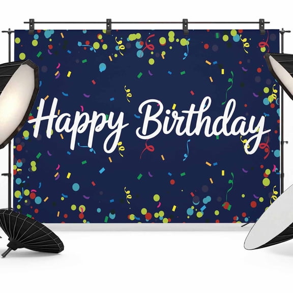 Happy Birthday Backdrop for Photography, Fabric Photo Background Backdrop, Navy Blue Modern Abstract Art Photo Booth Background for Portrait Photoshoot Video Wedding Studio Decoration Banner 7x5ft