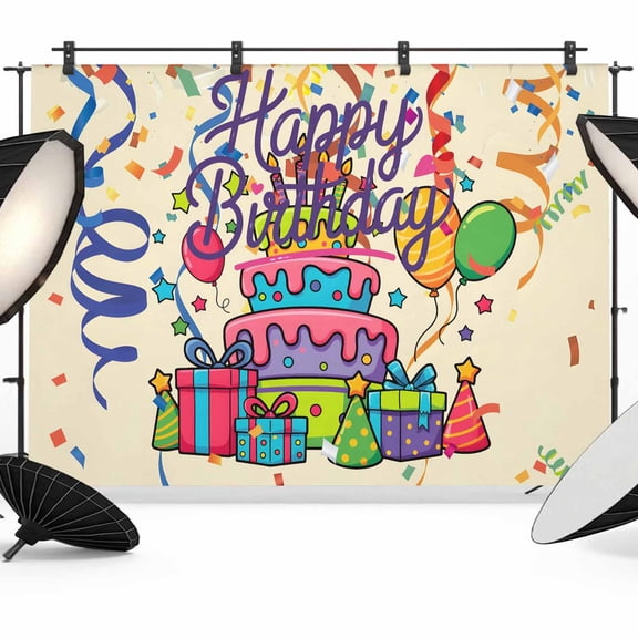 Happy Birthday Backdrop for Photography, Ribbon Cake Gift Balloon Modern Celebration Photo Backdrop Portrait Background Party Banner Photo Backgrounds for Studio Booth Props, 12x8ft