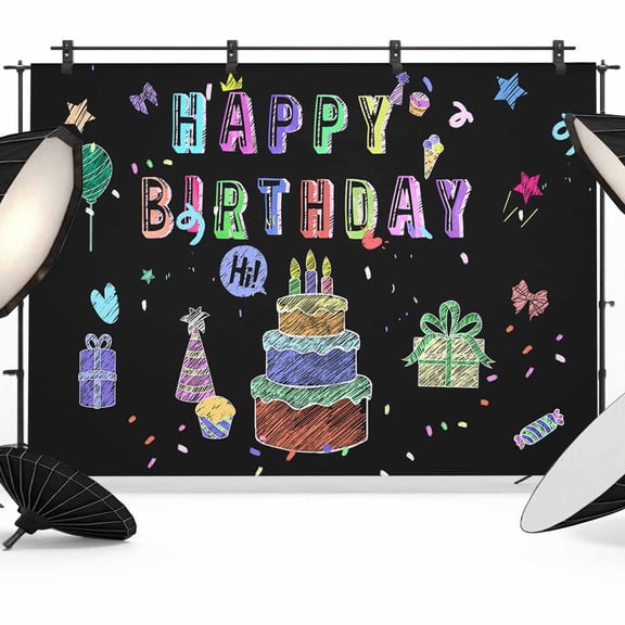 Happy Birthday Backdrop for Photoshoot,Photography Photo Studio Background Wall Backdrop,Birthday Gifts Cake Balloons Black Back Drop Banner Panel for Portraits Wedding Party Live Streaming 8x6Ft