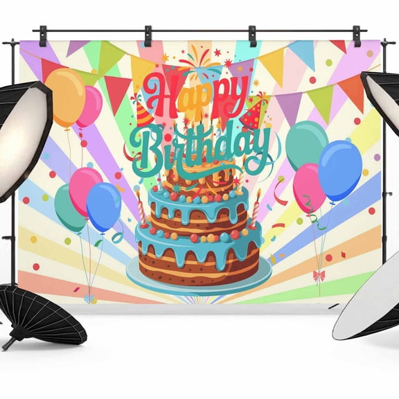Happy Birthday Backdrop for Photoshoot, Photography Photo Studio Background Wall Backdrop, Colorful Balloon Ribbon Cake Back Drop Banner Panel for Portraits Wedding Party Live Streaming Decor 8x6Ft