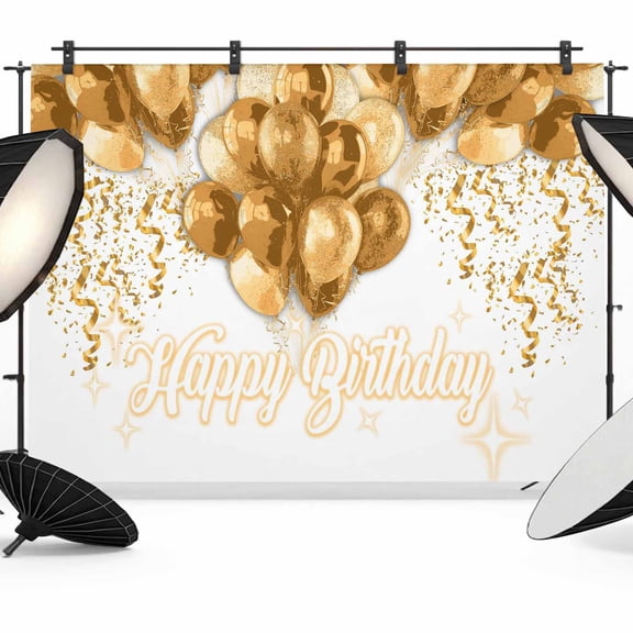 Happy Birthday Backdrop for Photoshoot,Photography Photo Studio Background Wall Backdrop,Golden Balloons Ribbons Abstract Art Back Drop Banner Panel for Portraits Wedding Party Live Streaming 7x5Ft