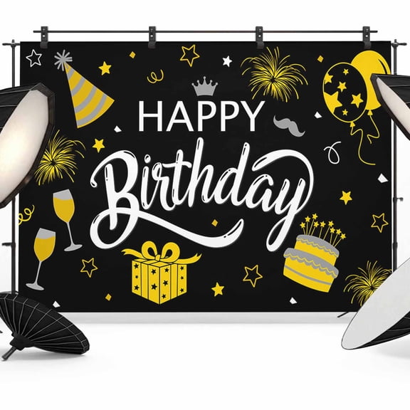 Happy Birthday Backdrop for Photoshoot,Photography Photo Studio Background Wall Backdrop,Yellow Cake Birthday Gifts Balloon Black Back Drop Banner Panel for Portraits Wedding Live Streaming 10x8Ft