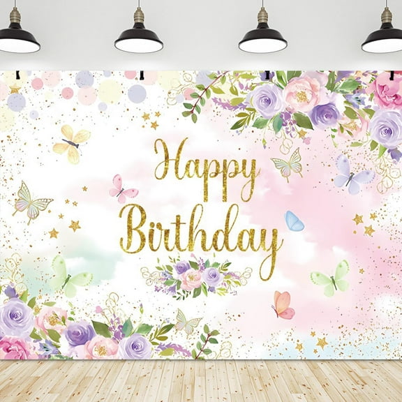 Happy Birthday Backdrop Pink Purple Floral Flower Butterfly Glitter Photography Background Women Girl Kids Adult Birthday Party Decorations Photo Studio Props Supplies