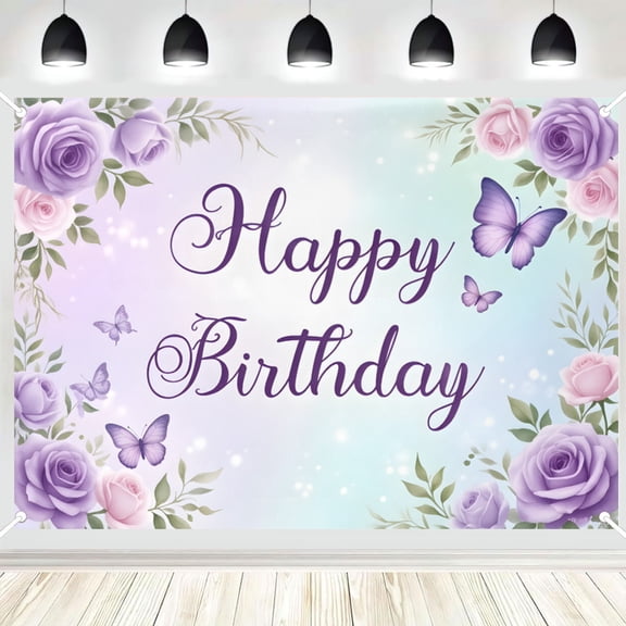 Happy Birthday Backdrop, Purple Rose and Butterfly Floral Photo Background Banner for Birthday Party, Photography Booth Decor 16x24in