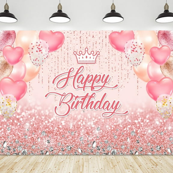 Happy Birthday Backdrop Rose Gold Glitter Heart Balloon Diamond Photography Background Sweet Girls Women 16th 18th 30th Happy Birthday Party Decorations Banner Photo Studio Props
