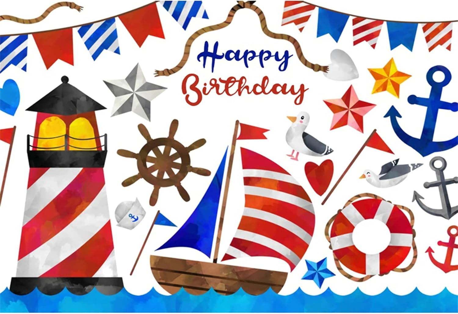 Happy Birthday Backdrop Rudder Cartoon Flags Lighthouse Marine Ship ...