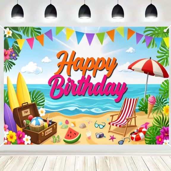 Happy Birthday Backdrop, Summer Beach Ocean Surfboard Photo Background Banner for Tropical Birthday Party, Photography Booth Decor 16x24in