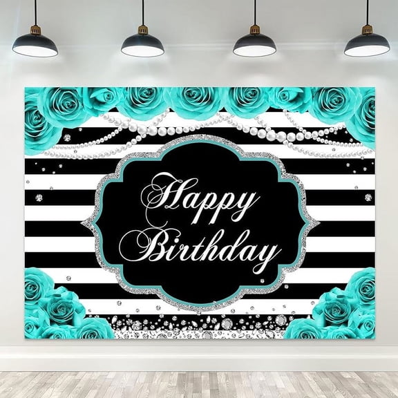 Happy Birthday Backdrop Turquoise Teal Floral Party Pearl Diamond for Woman Black and White Stripes Photography Background Glitter Table Decor Banner Studio Photo Shoot