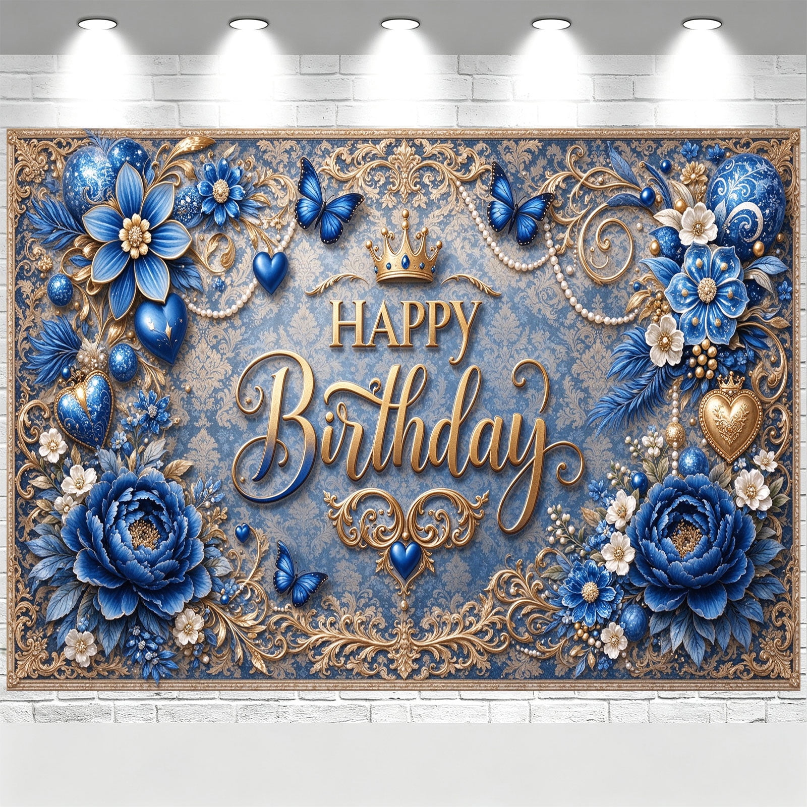 Happy Birthday Backdrop Vintage Blue Peony Butterfly Birthday Banner ...