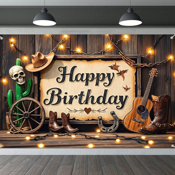 Happy Birthday Backdrop Western Cowboy Boots Hat Photography Background Party Decorations Supplies