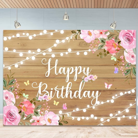 Happy Birthday Backdrop for Women Rustic Wooden Butterfly Happy Birthday Banner Decorations Glitter Lights Pink Floral Party Decoration Background for 20th 30th Women Girl 7X5ft(84x60 inch)