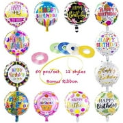 Happy Birthday Balloons 50-Pieces with 100 Meter Ribbons - Helium Floating Mylar Balloon- 18 Inches Round Inflatable Balloon