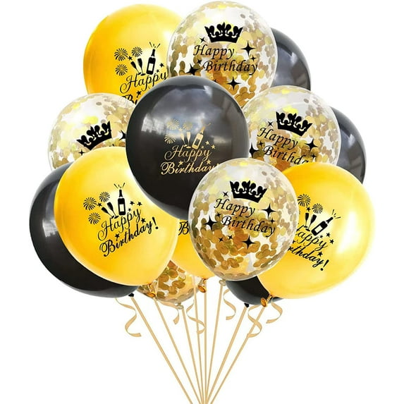 Happy Birthday Balloons Black and Gold Party Decorations Latex Gold Confetti Balloon Printed Happy Birthday for Women Men Girls Boys Theme Birthday Party Decor Supplies 15 Pack 12 Inch