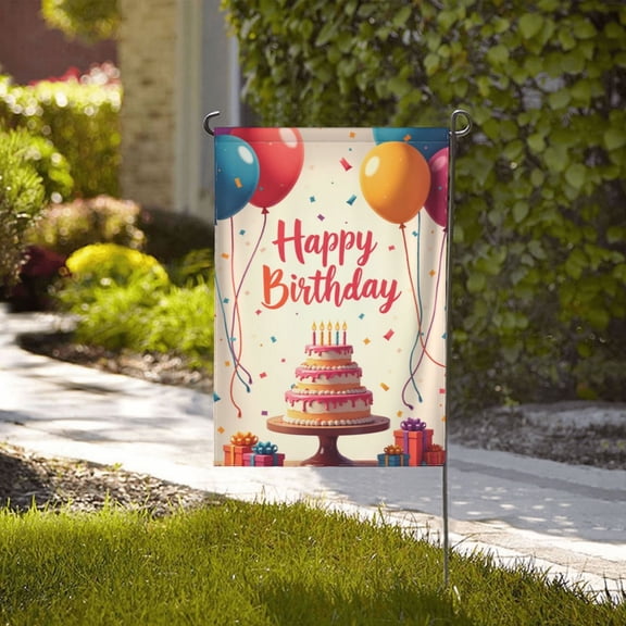 Happy Birthday Balloons Cake Garden Flag 12x18 Inch Double Sided Outdoor Decoration Festive Birthday Party Yard Flag Seasonal House Banner
