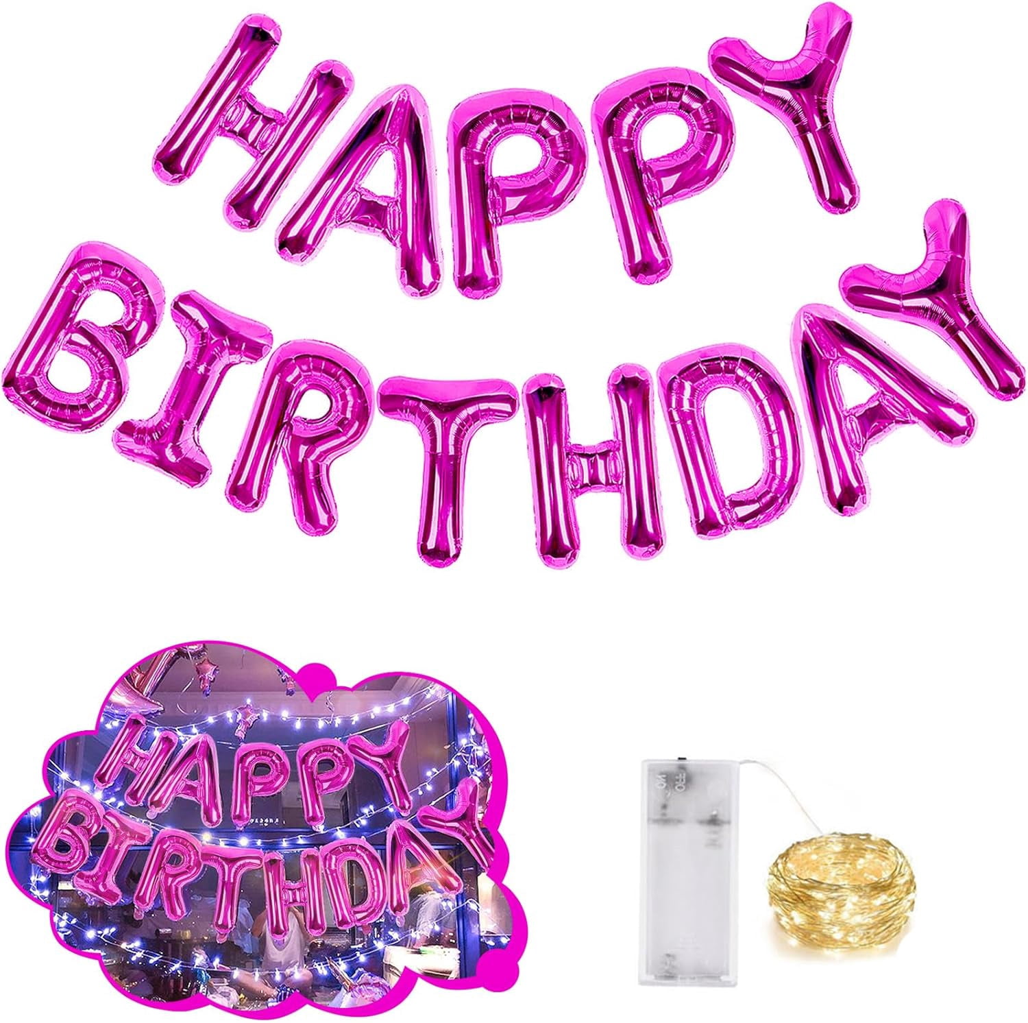 Happy Birthday Balloons Banner - 16 Inch Bow Theme Mylar Foil Letters, Black Balloon With Pink Bow, Reusable